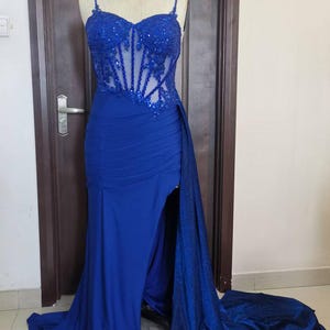 Royal Blue Glitter Prom Dress: Plus Size Appliques, See-Through Bodice