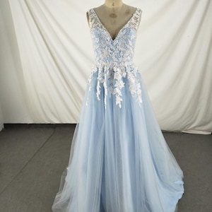Light Blue V-Neck Ball Gown Prom Dress, Long A-Line Prom Gown, Custom Prom Dresses