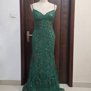 Emerald Green Sequin Prom Dress: Applique Bodice, Sheer Back