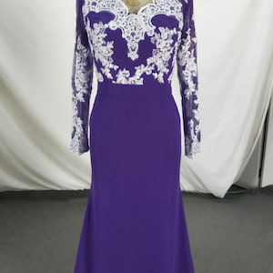 Applizierte lila Abendkleid: V-Ausschnitt Langarm Abendkleid