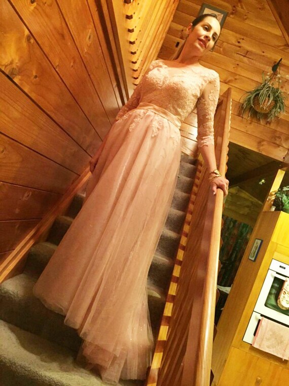 Vestidos de fiesta de color rosa ruborizado con mangas, vestidos