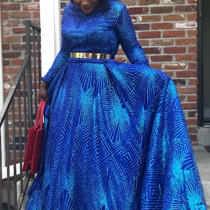 Glitter Royal Blue Prom Dress: Long Sleeve Formal Gown