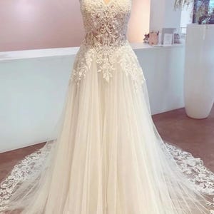 Beaded Lace Vintage Wedding Dresses, Sheer White Tulle Bridal Gowns, Unique Elegant Style