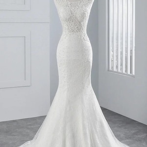 Beaded Lace Mermaid Wedding Dress, Open Back Bridal Gown