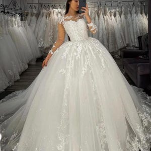 Glitter Wedding Dress with Sleeves, Ball Gown Custom Wedding Dress, Unique Lace White Bridal dresses Gown