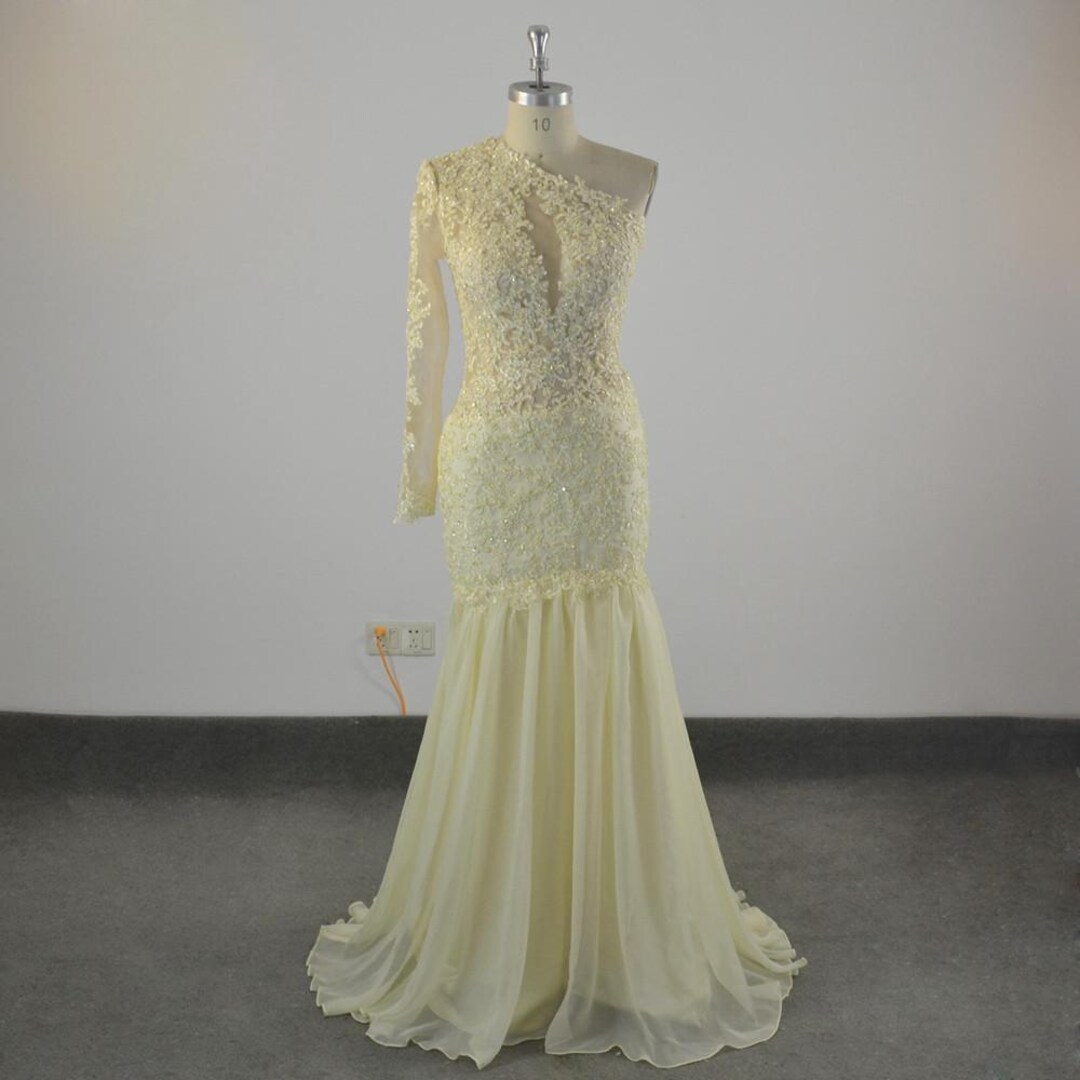 Unique One Shoulder 3D Appliques Yellow Prom Dress Y6075