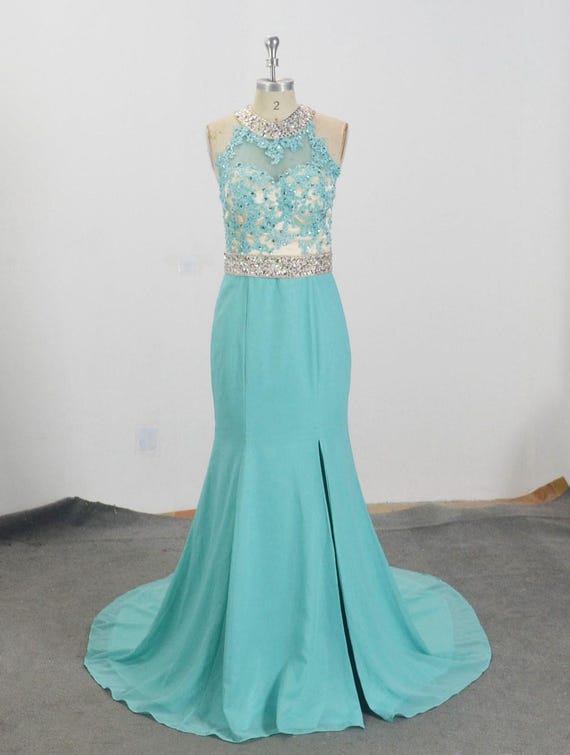 Turquoise Prom Dress With Slit, Custom Mermaid Formal Dress Long