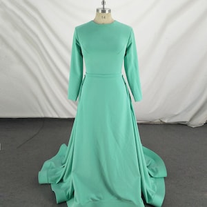 Sage Green Bridesmaid Dress: Long Sleeve Arabic Style Gown with Detachable Train
