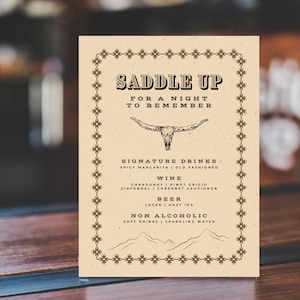 Menu baru weselnego w stylu western, edytowalne menu baru weselnego, regulowane menu drinków weselnych, szablon menu drinków weselnych w stylu western