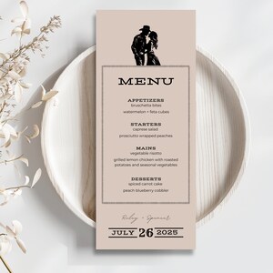 May include: A rustic wedding menu with a silhouette of a couple in cowboy hats. The menu includes appetizers, starters, mains, and desserts. The date is July 26, 2025.