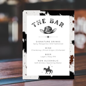 Western Bar Menü Vorlage, Getränkekarte für Hochzeit oder Party, bearbeitbares Hochzeitsbarmenü, Scheunenhochzeitsmenü Canva Vorlage