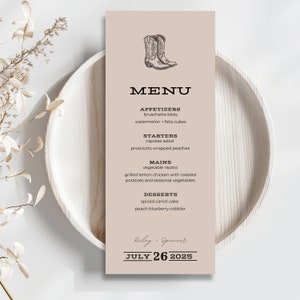 Modèle de Menu de mariage occidental, téléchargement immédiat, menu du dîner de mariage recto-verso, imprimable, santiags, menu de mariage, bricolage, modifiable