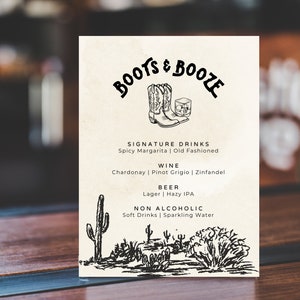 Menú de bar con temática del oeste, menú de bar de bodas editable, plantilla de menú de bebidas para bodas o fiestas del oeste, plantilla de Canva para menú de bebidas con botas y alcohol
