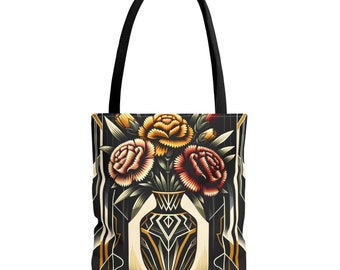 Bolso grande de mano con diseño floral Art Deco inspirado en Van Gogh: bolso de trabajo, diseño geométrico con jarrón negro y tres flores, pintura famosa