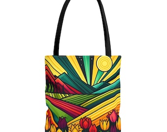 Torba Van Gogh Inspired Art Deco Tulip Fields - Duża torba robocza, Żywy geometryczny wzór, Słynny obraz, Holandia