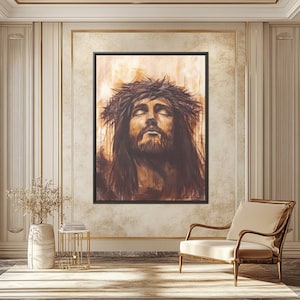 Lienzo enmarcado de Jesús, Arte de Jesús enmarcado, Lienzo con retrato de Jesús, Arte de la corona de espinas, Arte cristiano sacro, Lienzo de Jesucristo, Pintura de Jesús