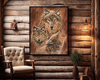 Decorazione murale con lupo ululante, stile Western Lodge, decorazione murale con animali selvatici, regalo per gli amanti della natura, stampa su tela con lupo, arte della luna, arredamento rustico per la casa in montagna