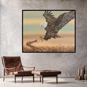Impresión de águila calva, lienzo de vida silvestre, decoración rústica para el hogar, arte de pared de cabaña, serpiente, arte de vida silvestre americana, pabellón de caza, decoración natural, regalo patriótico