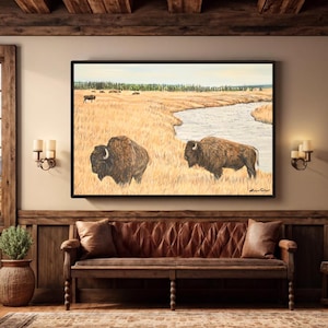 Vintage Western Bison Painting, Large Framed Bison Art, Bison Wall Art, Farmhouse Bison Décor, Rustic Western Art, Western Wildlife Wall Art
