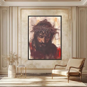 Lienzo enmarcado de Jesús, Arte de Jesús enmarcado, Lienzo con retrato de Jesús, Arte de la corona de espinas, Arte cristiano sacro, Lienzo de Jesucristo, Pintura de Jesús