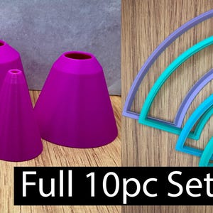 May include: Image showing a collection of purple cone shapes and blue and purple arc shapes. The text "Full 10pc Set!" is displayed in a black rectangle. These items are likely for crafting or baking purposes.