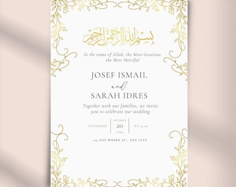 Muslim Wedding Invitation Template | Nikkah Islamic Wedding Invite | Floral Gold Arabic Bismillah Printable
