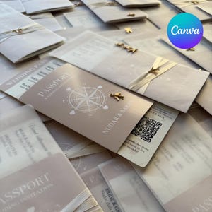 Destination Wedding Invitation Passport Template Boarding Pass QR Code Printable Passport Invitation Template DIY Edit in Canva