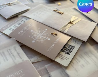 Destination Wedding Invitation Passport Template Boarding Pass QR Code Printable Passport Invitation Template DIY Edit in Canva