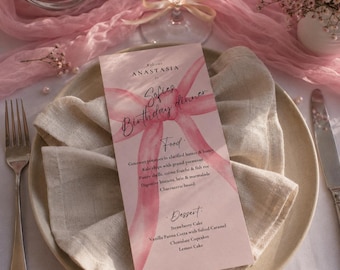 Rosa Geburtstagsmenü-Platzkartenvorlage, Schleifen-Detail-Dinner-Karte (digitaler Download)