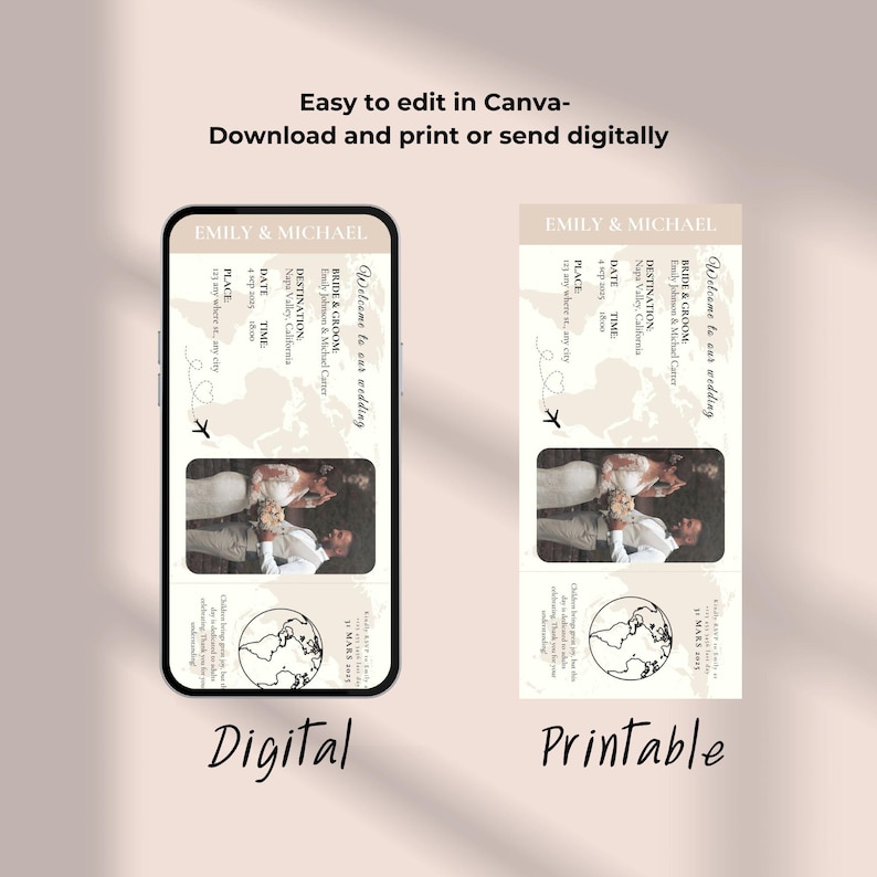 Your love story deserves a special beginning. This Passport Wedding Invitation lets you add your own touch with editable Canva features. Designed to resemble a real passport and boarding pass, it’s the perfect choice for destination weddings and tropical getaways. Customize, download, and print instantly. Make every detail reflect your journey together. A personal and stylish wedding invite!