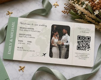 Sage Green Passport Wedding Invitation | Destination Boarding Pass (Digital Download)