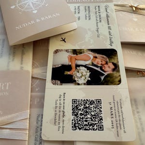 May include: Wedding invitation set with a photograph of a couple, a passport-style card, and a small folded card. The invitation includes the couple's names, wedding date, and location. The suite is in neutral colours.