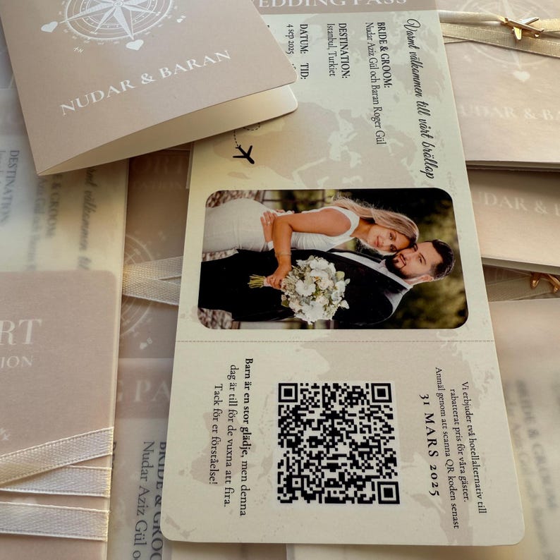 May include: Wedding invitation set with a photograph of a couple, a passport-style card, and a small folded card. The invitation includes the couple's names, wedding date, and location. The suite is in neutral colours.