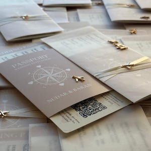 May include: Light beige passport-style wedding invitations with gold airplane charms. The invitations feature a compass rose design and the words "Passport Wedding Invitation". The names "NUDAR & BARAN" are printed on the front of the invitation.