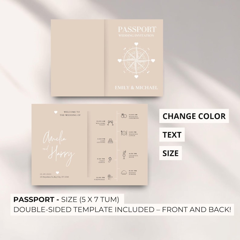 Love to travel? Celebrate your wedding with a Passport Invitation that matches your style! This editable boarding pass invite is perfect for destination weddings. Use Canva to personalize and download in minutes. No physical shipping — just beautiful design you can print at home or online. Add adventure to your love story with a passport-themed wedding invite that guests will remember.