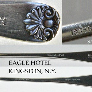May include: Silver fork with a decorative design and the inscription "Eagle Hotel Kingston, N.Y." on the handle. The back of the handle is stamped with "1885 R. Wallace".