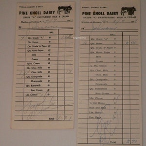 2 1960s Pine Knoll Dairy Malden on Hudson N.Y. Milk and Cream Receipts from Johnson&#39;s General Store Cementon Greene County
