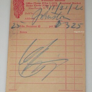 1966 Newburgh Banana Co. Receipt from Johnson&#39;s General Store Cementon New York