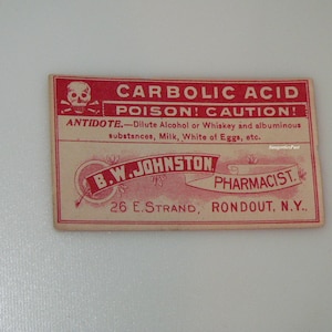 Skull & Crossbones Poison Label Carbolic Acid Johnston Pharmacist Rondout NY