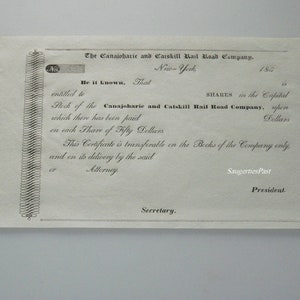 Original 1830s Canajoharie and Catskill Rail Road Co. Shares Certificate Unused HUDSON watermark Onion Skin Paper