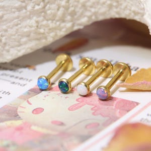 Peut inclure: Quatre piercings pour les lèvres dorés avec des pierres d'opale colorées. Les pierres d'opale sont bleues, vertes, blanches et violettes. Les piercings sont présentés sur une surface à motifs.