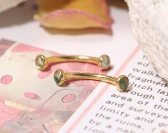 Barra curva de ágata musgosa dorada para ceja, rook, labret vertical, labio, titanio, rosca interna, calibre 16