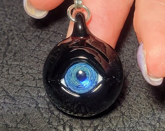 Realistic glass eye pendant, hand blown, borosilicate glass, blue and black evil eye necklace with sterling silver bail!