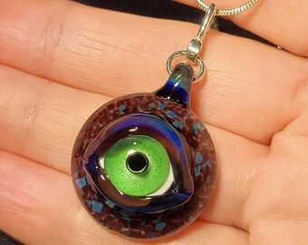 UV reactive, green evil Eye choker pendant, a handmade Vampire evil eye necklace with Greek leather and sterling silver!  Ode to "Bones"