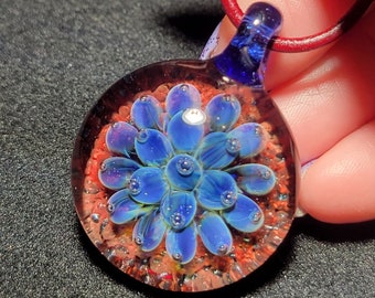 Hand Blown Blue Flower Implosion Choker - Borosilicate Glass Pendant on Greek Leather Cord