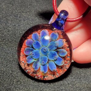 Hand Blown Blue Flower Implosion Choker Borosilicate Glass Pendant on Greek Leather Cord image 1