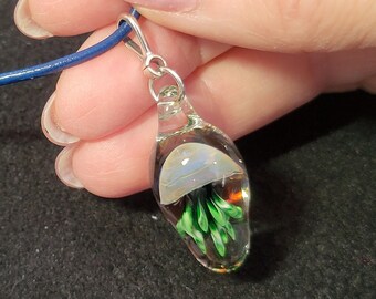 Glass Jellyfish pendant with green tentacles - hand blown borosilicate glass jellyfish necklace with sterling silver bail