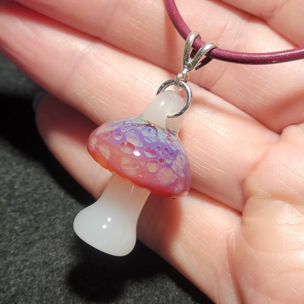 Magic mushroom pendant - Hand blown art glass mushroom necklace with sterling silver bail!  Shrooms make great gifts!