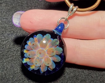 Handmade blown glass pendant, Implosion design made with borosilicate glass and a sterling silver bail!