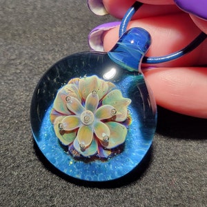 Groovy Flower Power Glass Pendant, Handmade Blown Glass Lotus Blossom Mandala Jewelry in Borosilicate Glass!